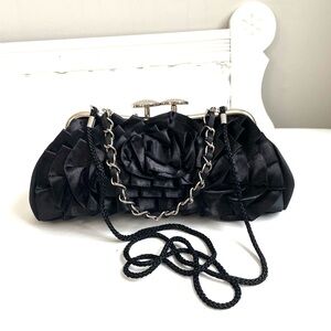 KATE LANDRY NWOT BLACK BAG CLUTCH CHAIN SILVER HARDWARE KISS CLASP RHINESTONES